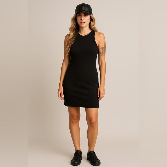 Hollister Ribbed High Neck Stretchy Knee-Length Tank Dress in Black, Large Long - Picture 9 of 11